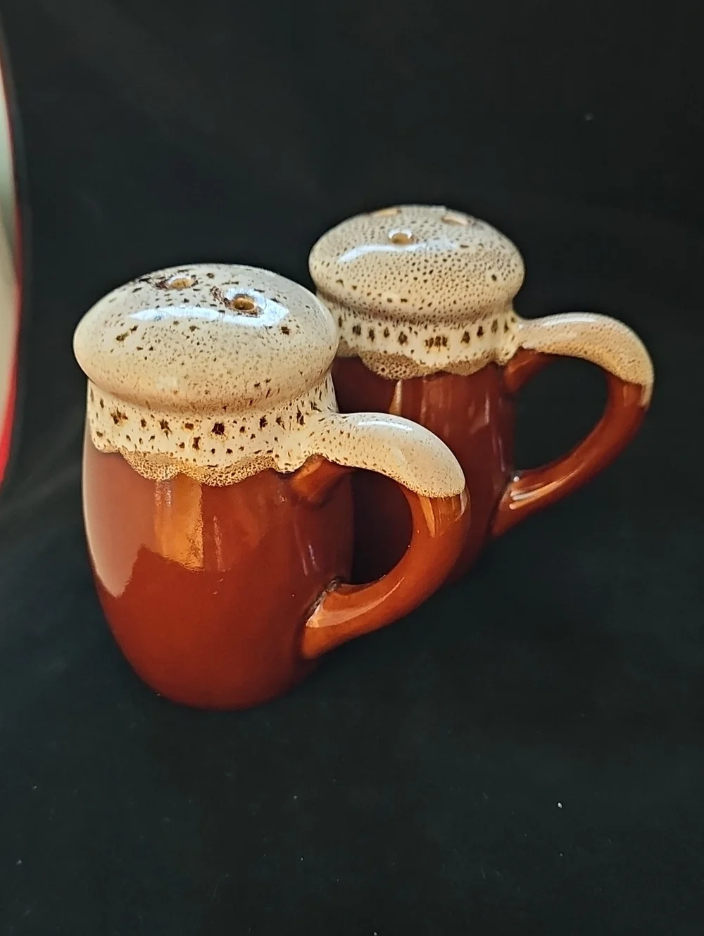Vintage Brown And Cream Ceramic Salt / Pepper Shaker Mugs with Cream Drip Glaze